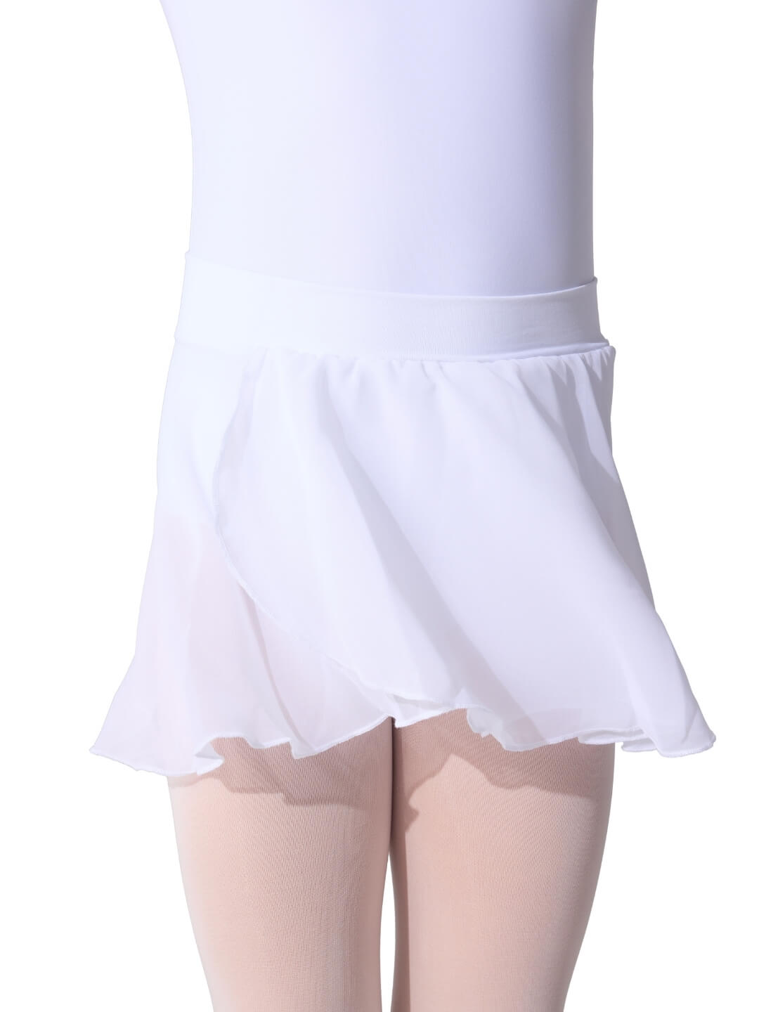White skirt with sheer overlay worn over a white top and beige stockings on a white background