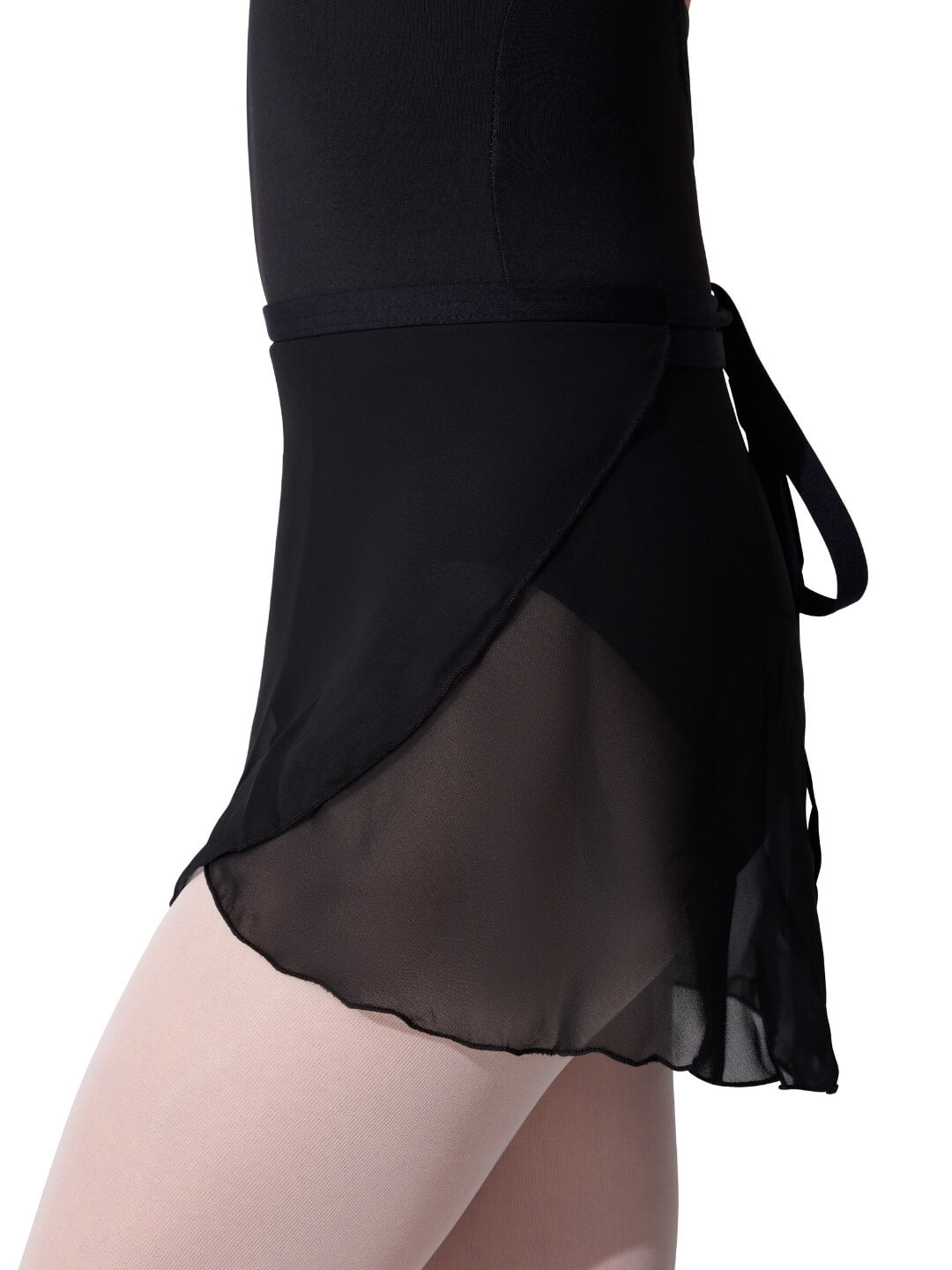 Black dance skirt with sheer overlay on a white background