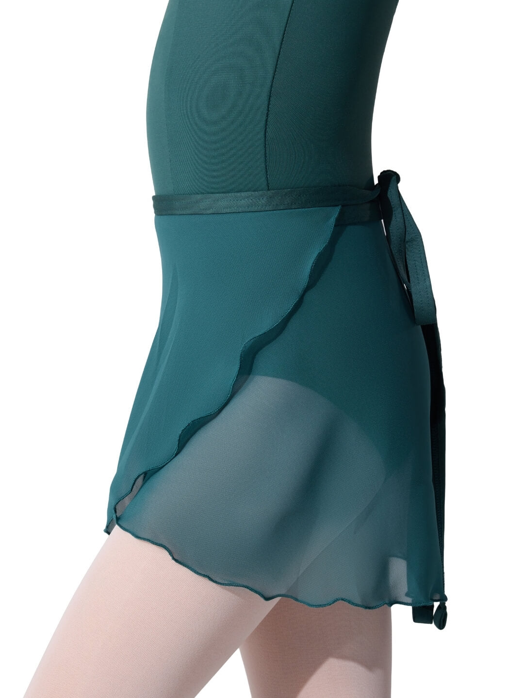Teal swimsuit with a skirt on a white background