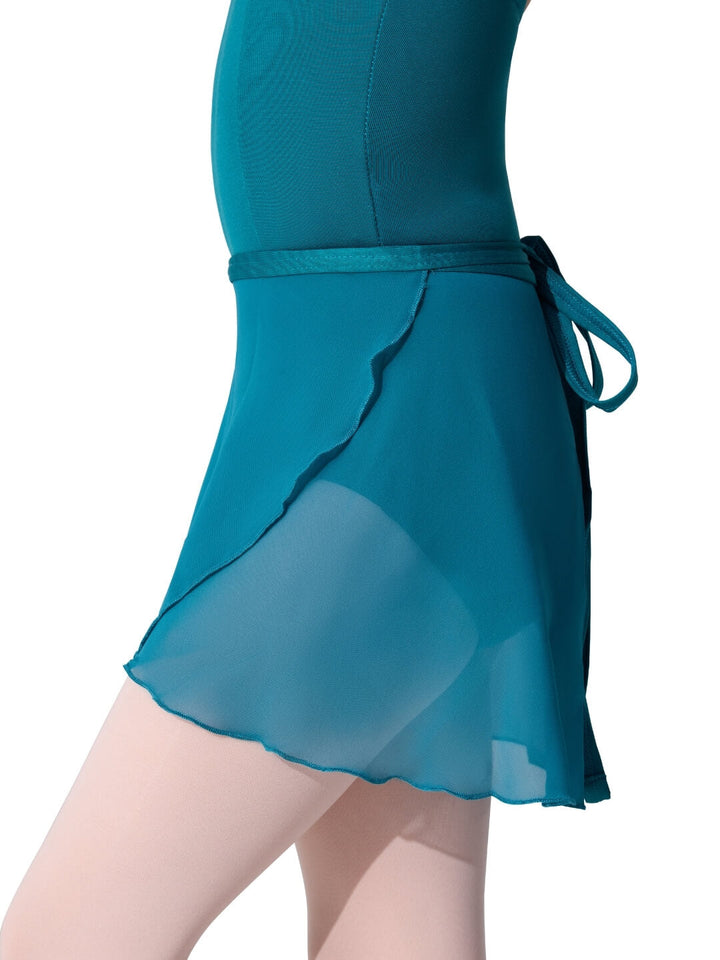Teal dance outfit with a skirt on a white background
