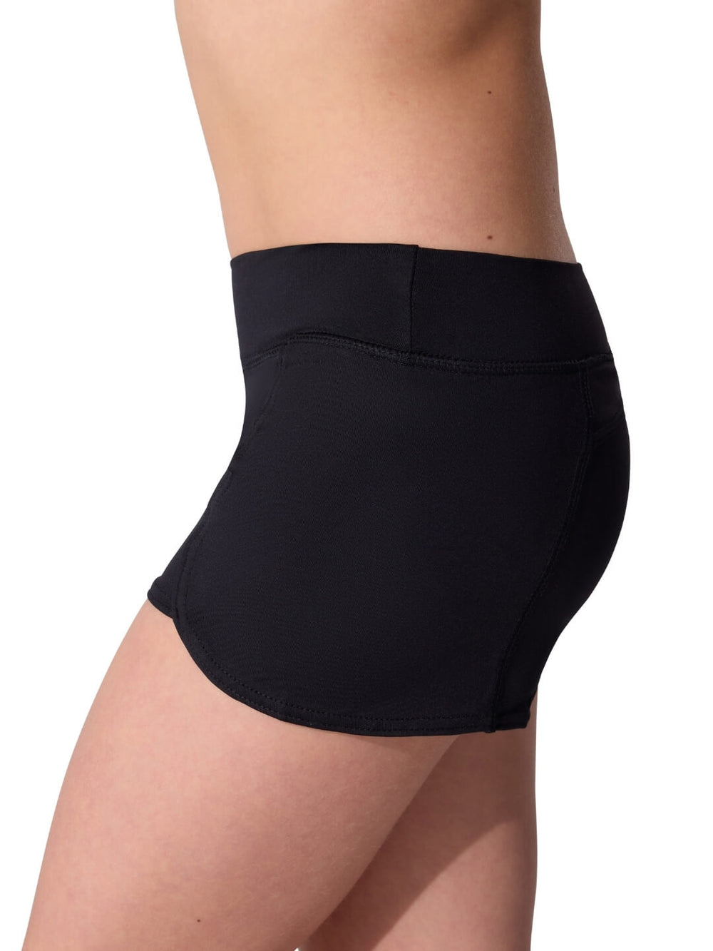 Black athletic shorts worn by a person on a white background
