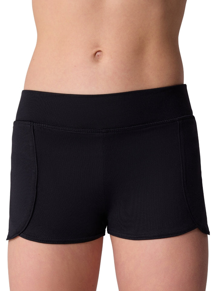 Black shorts worn by a person on a white background