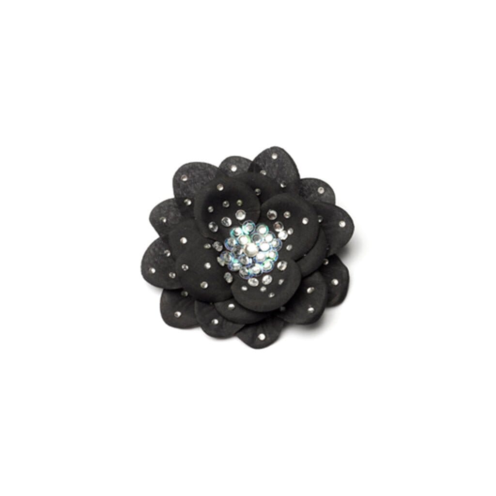 Black flower-shaped hair clip with rhinestones on a white background