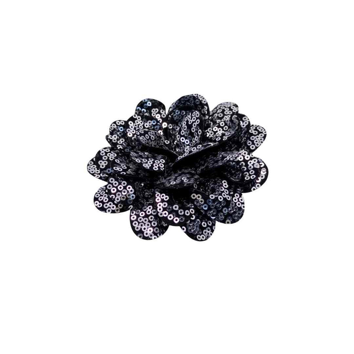Black sequin flower hair clip on a white background