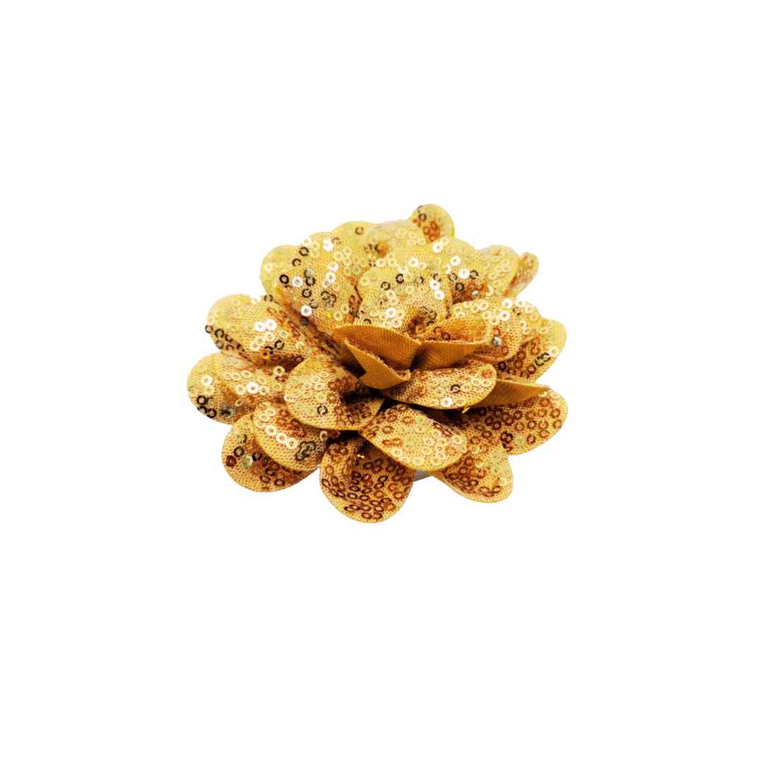 Gold sequin flower hair clip on a white background