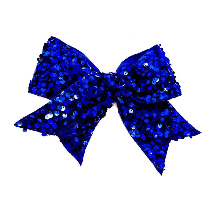 Blue sequin bow on a white background