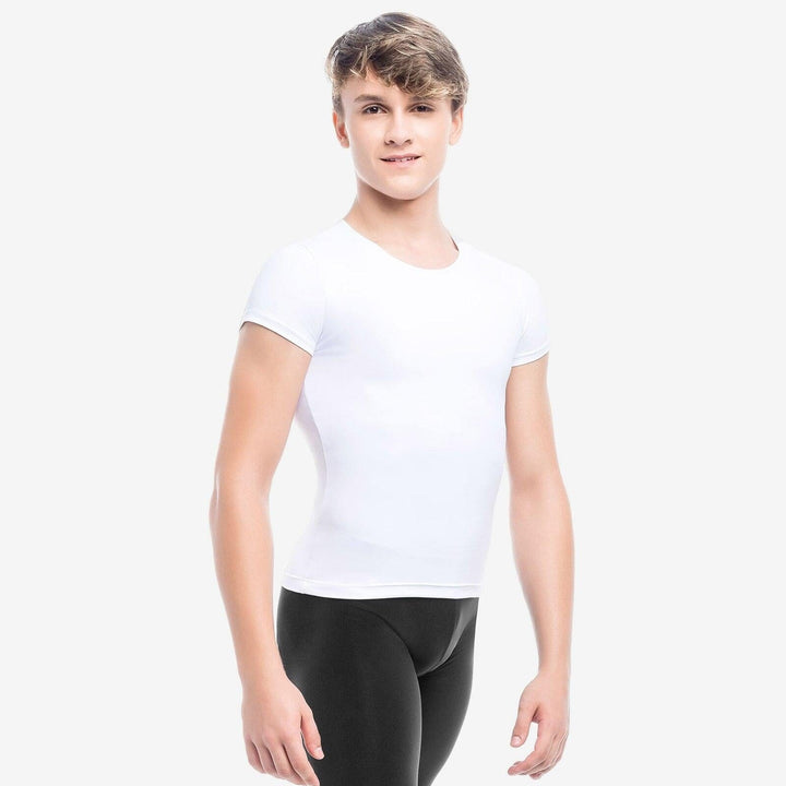 Person wearing a white t-shirt and black leggings on a white background