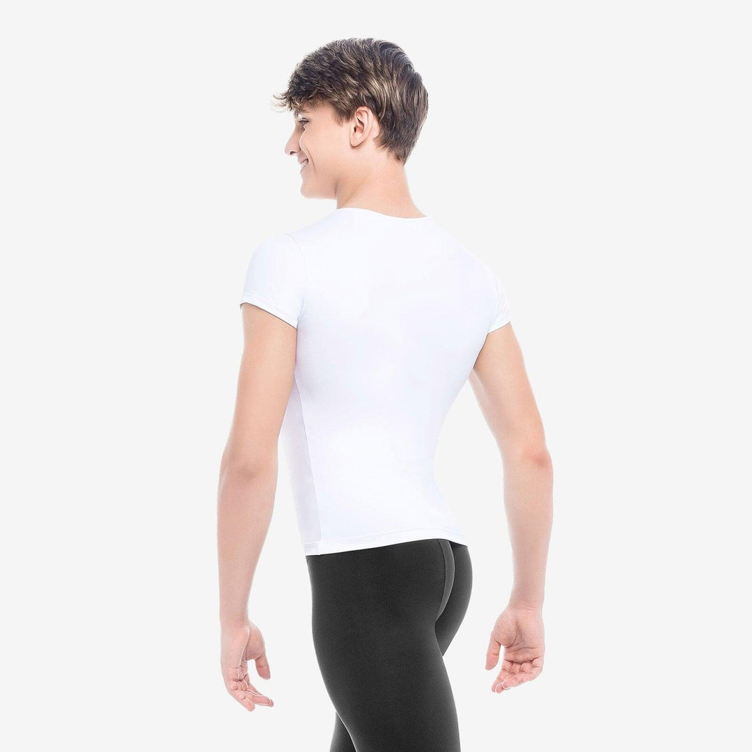 Person wearing a white t-shirt and black leggings on a white background