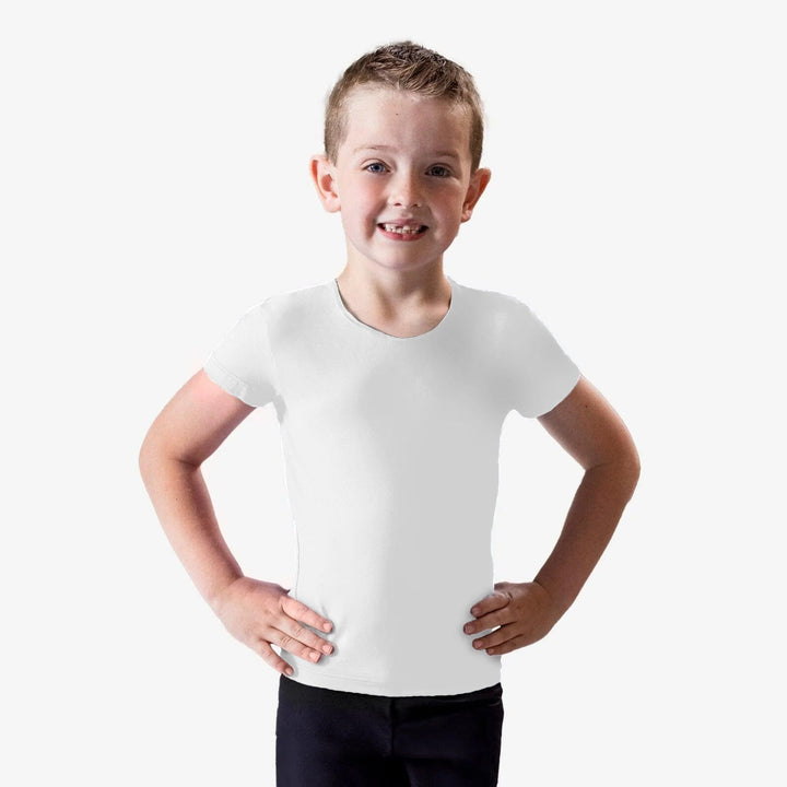 Young boy wearing a plain white t-shirt on a white background