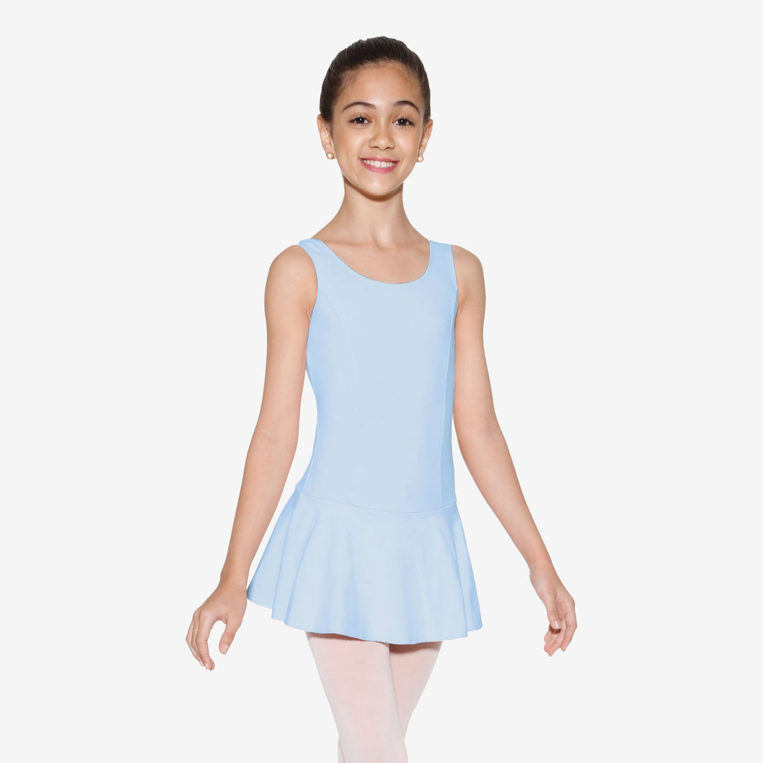 Young girl wearing a light blue dress on a white background