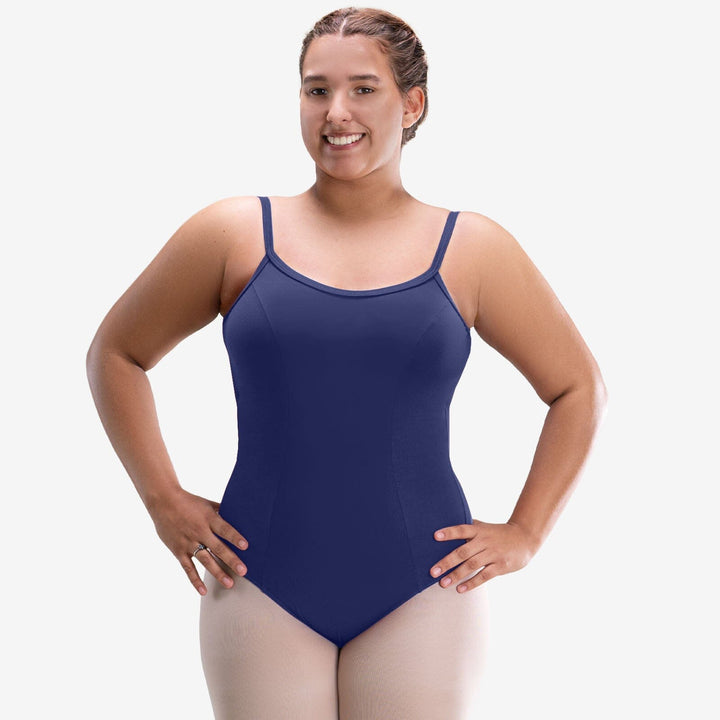 Woman wearing a blue leotard on a white background
