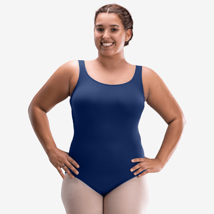 Woman wearing a blue swimsuit on a white background