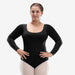 Woman wearing a black long-sleeve leotard on a white background