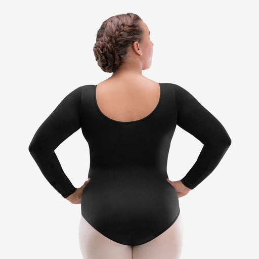 Person wearing a black long-sleeve leotard on a white background