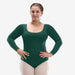 Woman wearing a green long-sleeve leotard on a white background