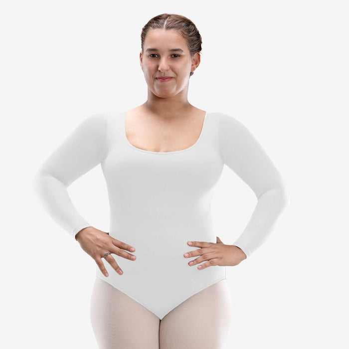 Woman wearing a white long-sleeve leotard on a white background