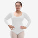 Woman wearing a white long-sleeve leotard on a white background
