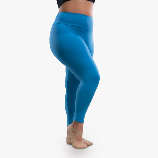 Blue leggings worn by a person on a white background