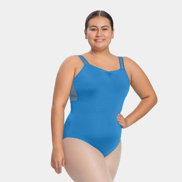 Woman wearing a blue swimsuit on a white background