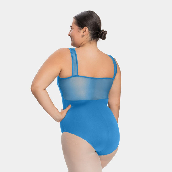Woman wearing a blue swimsuit on a white background