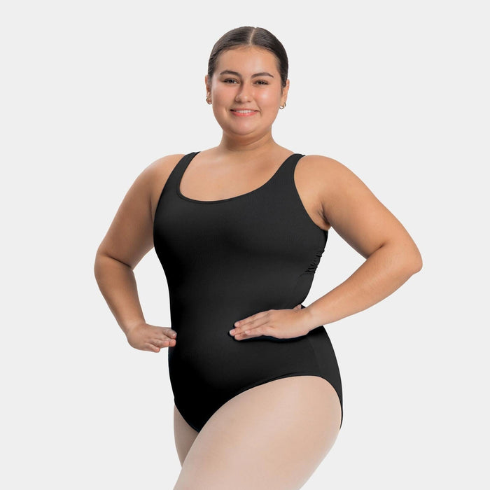 Woman wearing a black swimsuit on a white background
