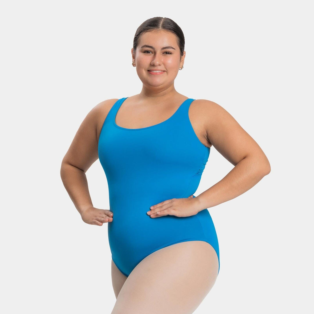 Woman wearing a blue swimsuit on a white background