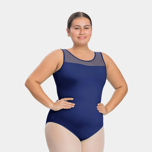 Woman wearing a blue swimsuit on a white background