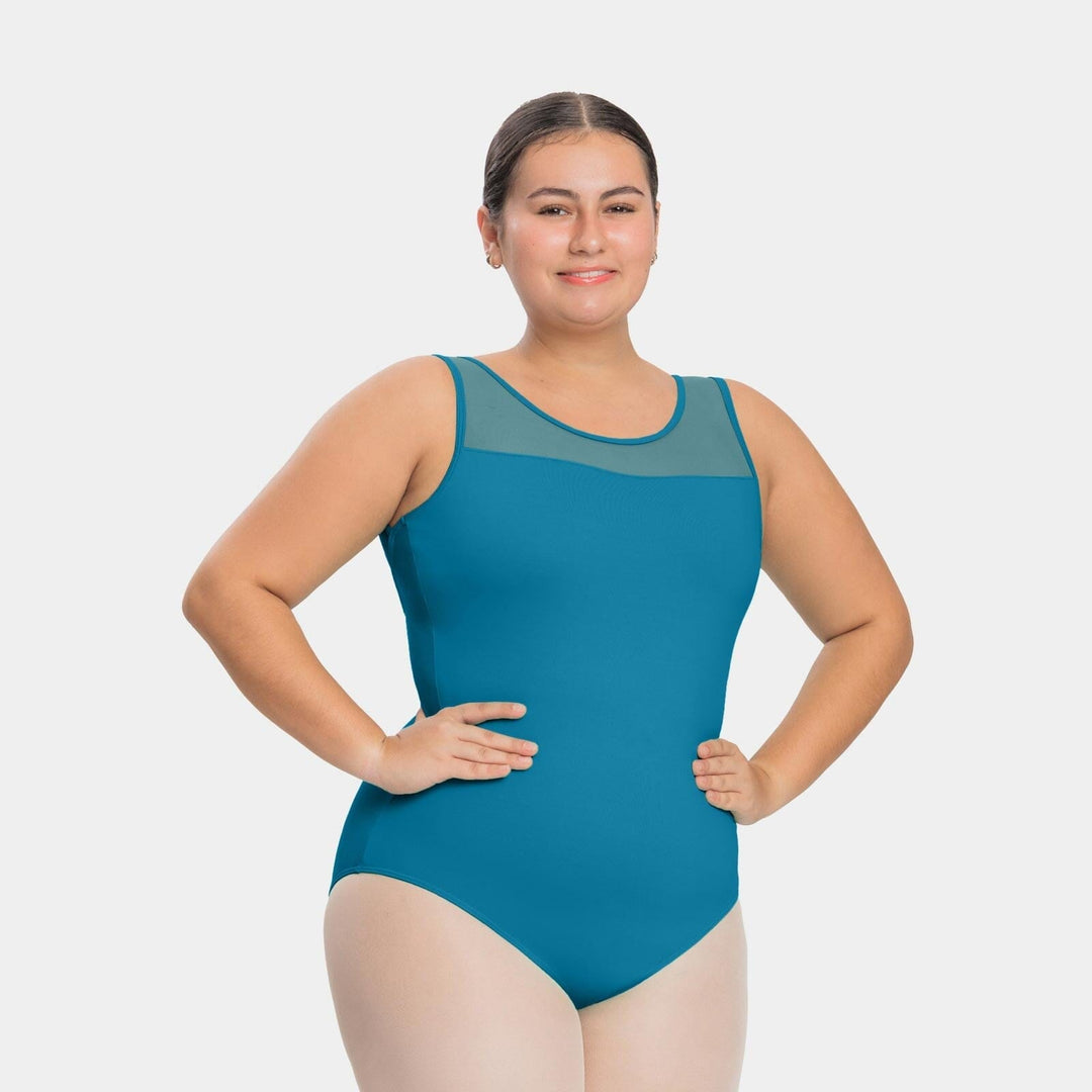 Woman wearing a blue swimsuit on a white background