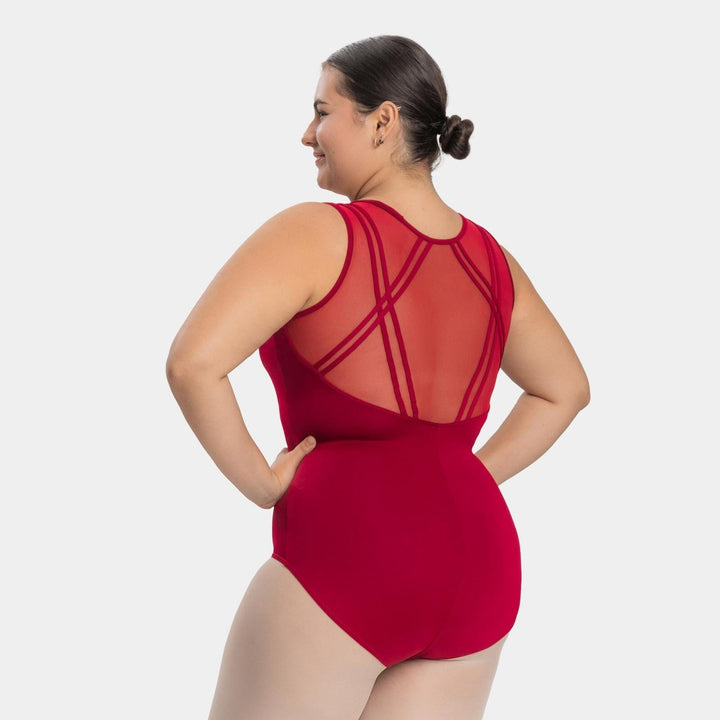 Red swimsuit with geometric cutouts on a white background