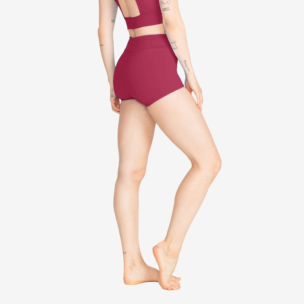 Person wearing a burgundy two-piece swimsuit on a white background
