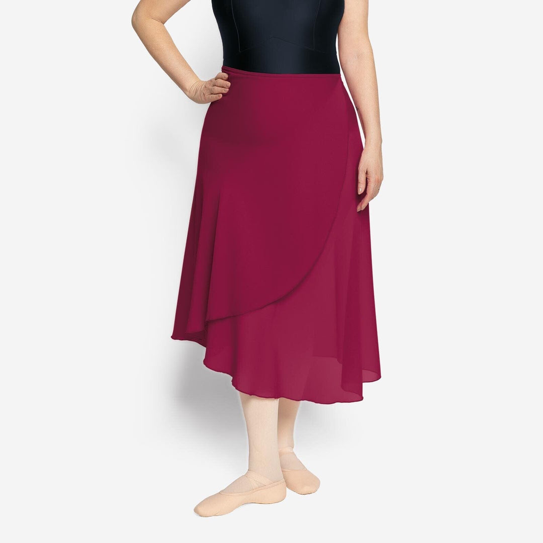 Person wearing a burgundy skirt on a white background