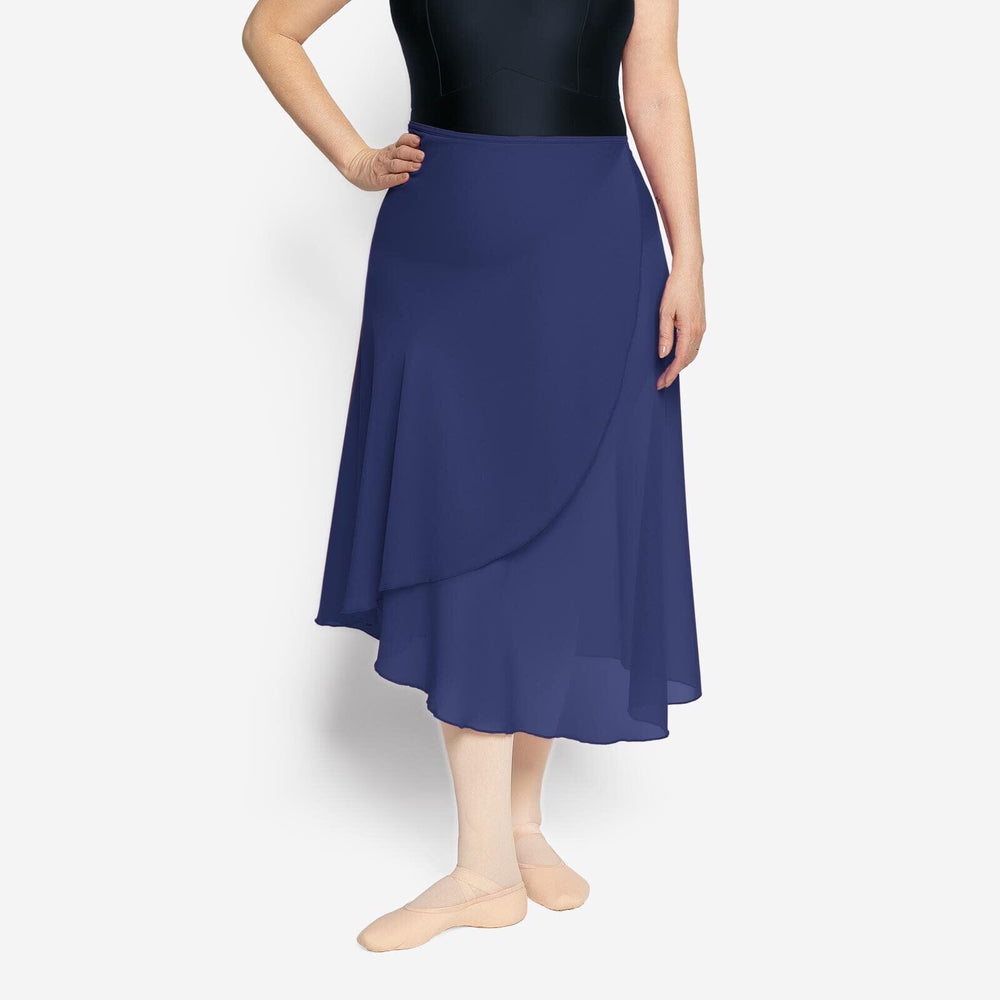 Person wearing a navy blue skirt on a white background