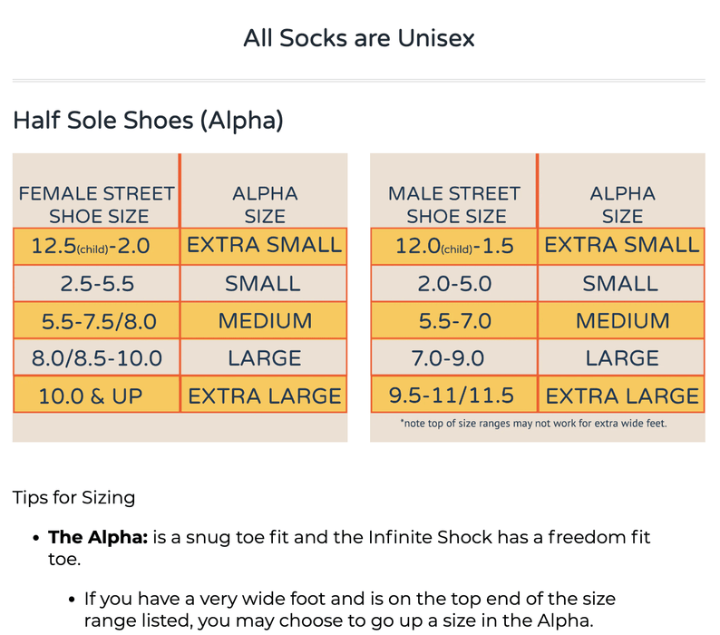 The Alpha Shock with Traction - Womens Dance Sock Size Chart