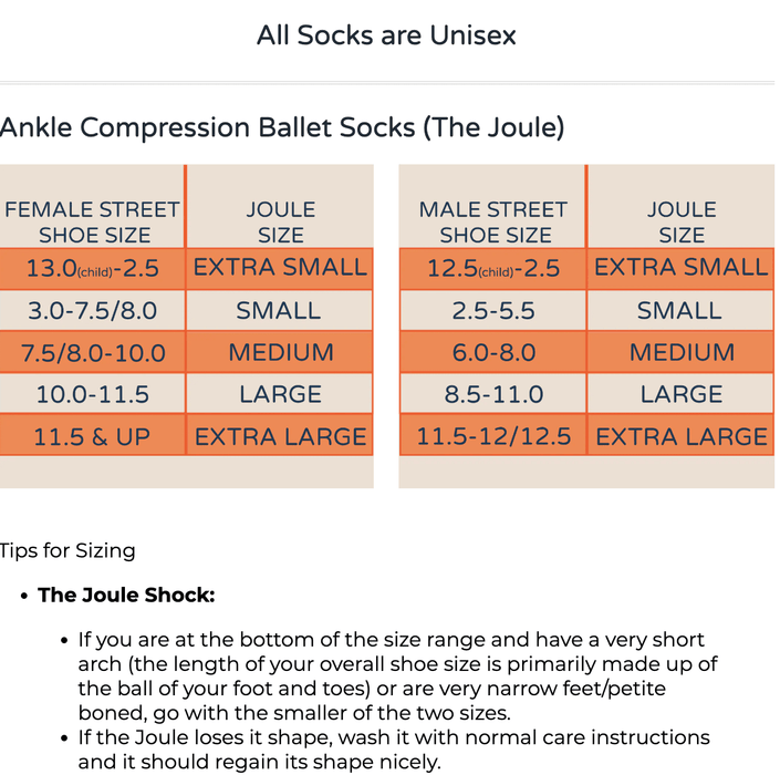 THE JOULE SHOCK ANKLE COMPRESSION BALLET SOCKS Sizing Chart