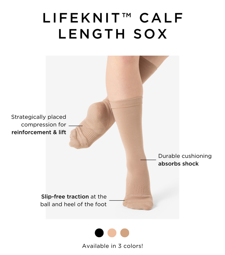 Beige calf-length socks with text highlighting features on a white background