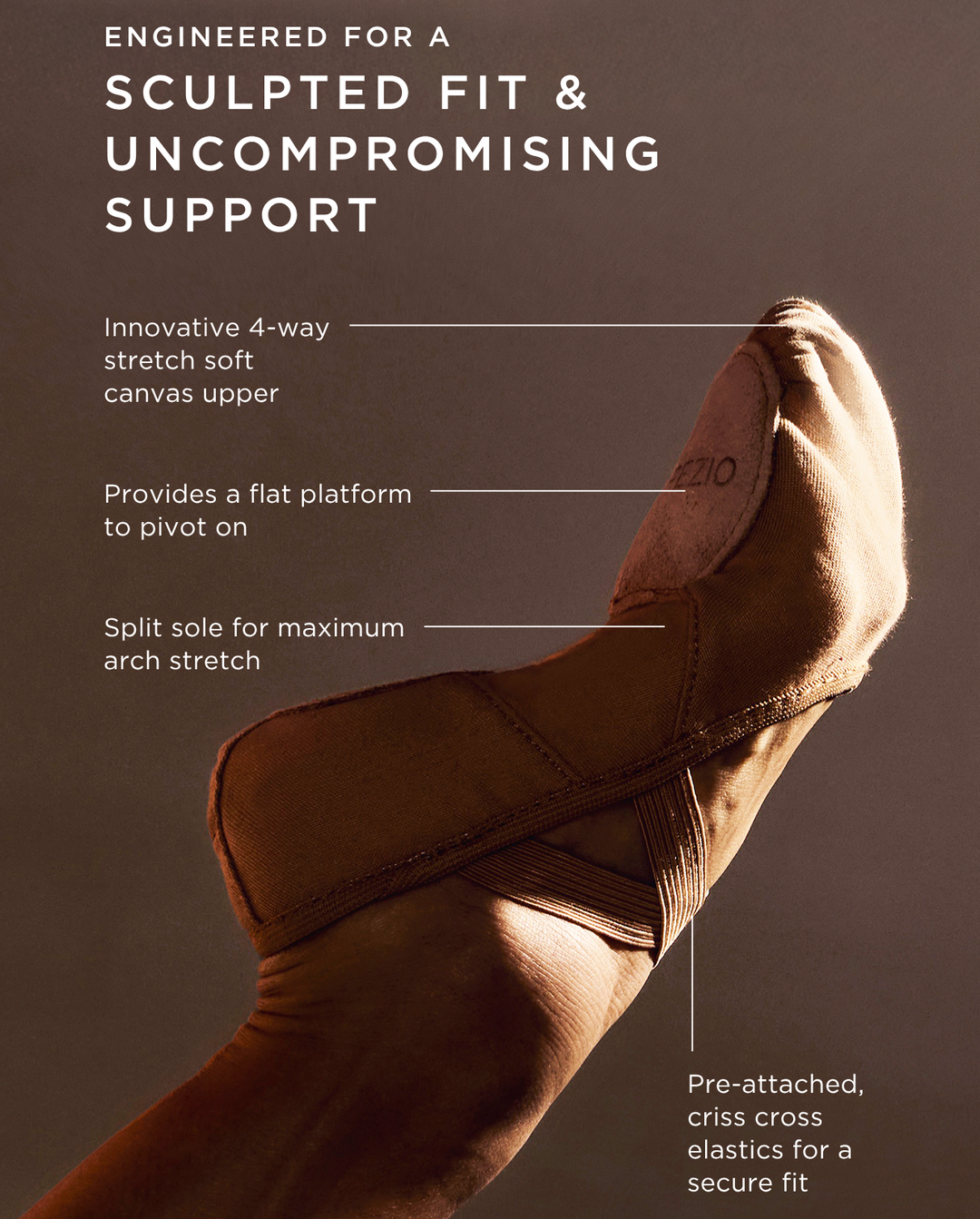 Brown shoe with text highlighting features on a brown background