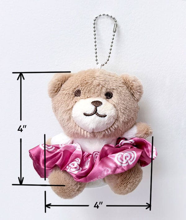 Plush teddy bear keychain with pink bandana, measurements indicated, on a white background