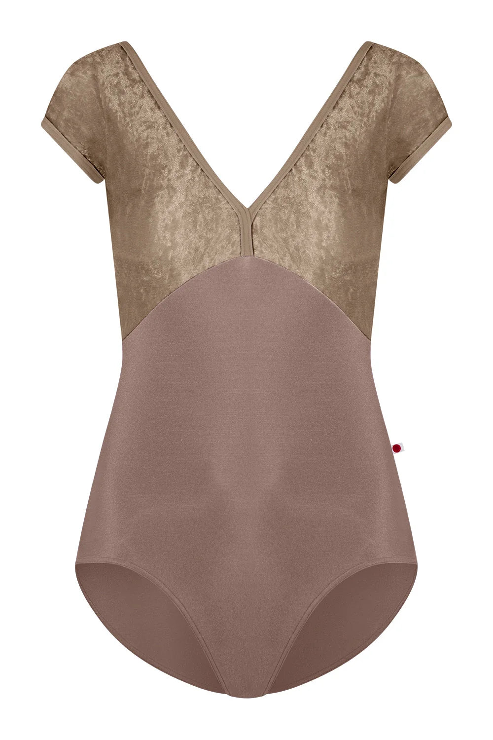 A women's one-piece bodysuit with a textured champagne-gold lace upper bodice and short sleeves, transitioning into a smooth dusty-rose mauve lower body, shown against a plain white background.