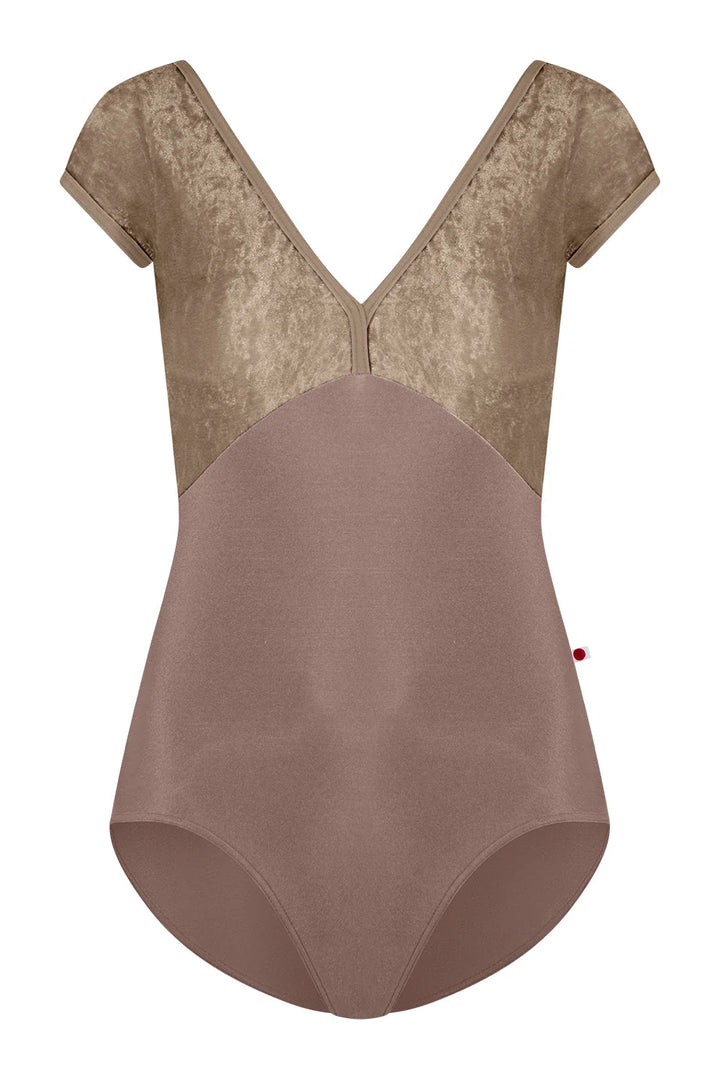 A women's one-piece bodysuit with a textured champagne-gold lace upper bodice and short sleeves, transitioning into a smooth dusty-rose mauve lower body, shown against a plain white background.