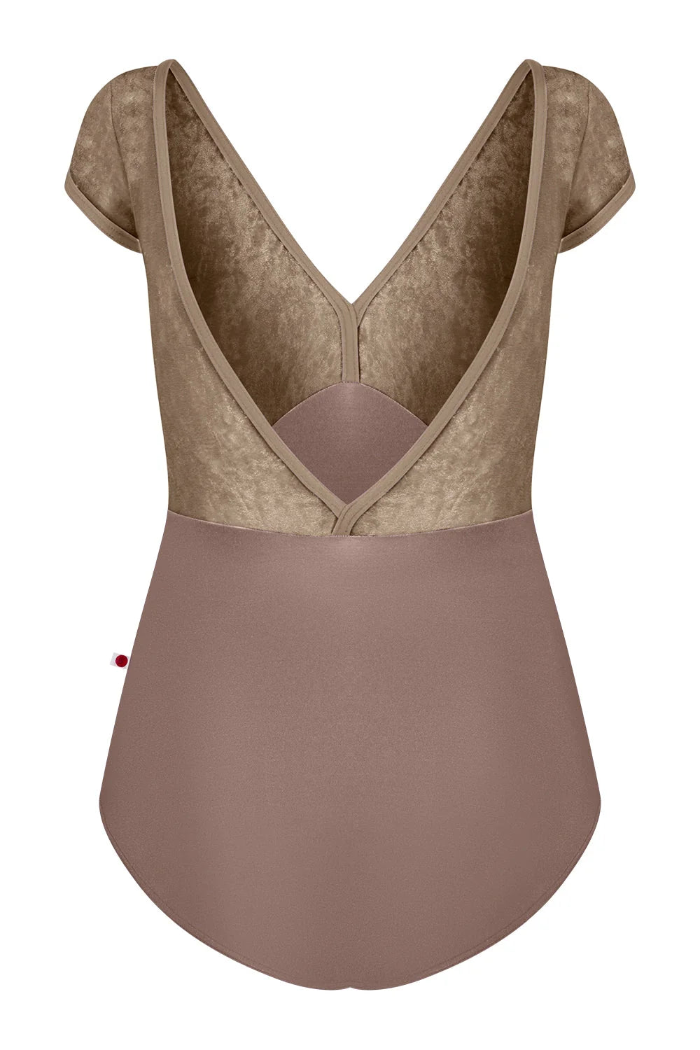 Brown swimsuit with lace detailing on a white background