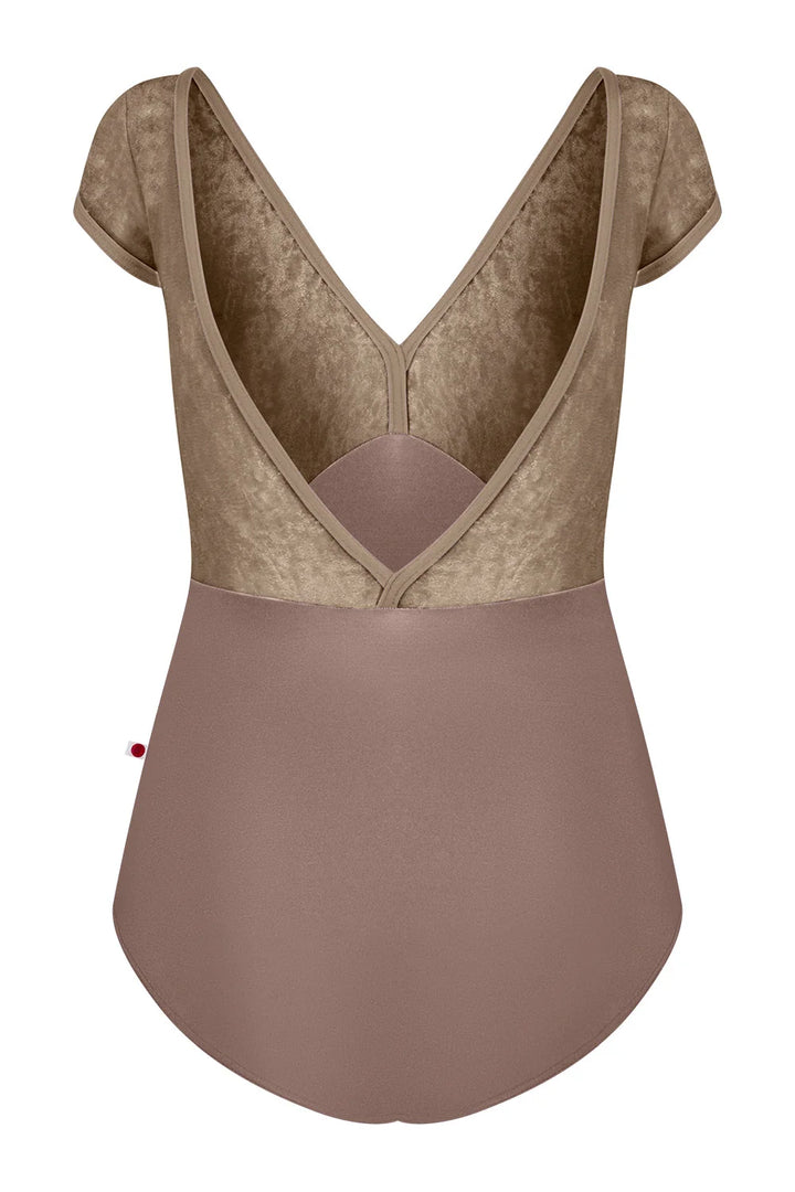Brown swimsuit with lace detailing on a white background
