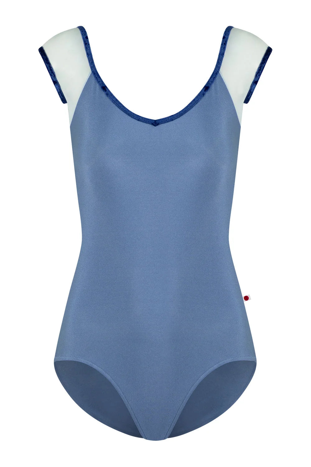 A blue one-piece swimsuit with contrasting dark blue trim and white shoulder panels, displayed on a white mannequin against a plain white background.