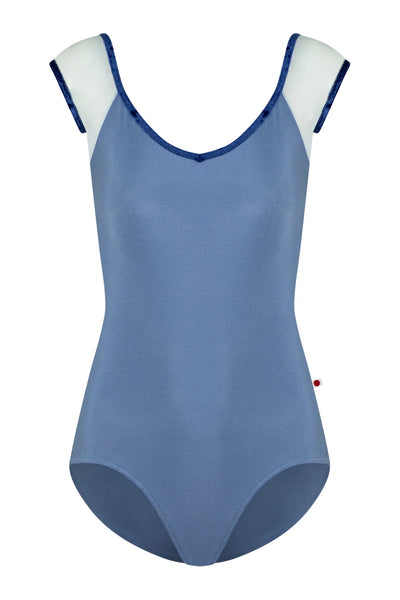 A blue one-piece swimsuit with contrasting dark blue trim and white shoulder panels, displayed on a white mannequin against a plain white background.