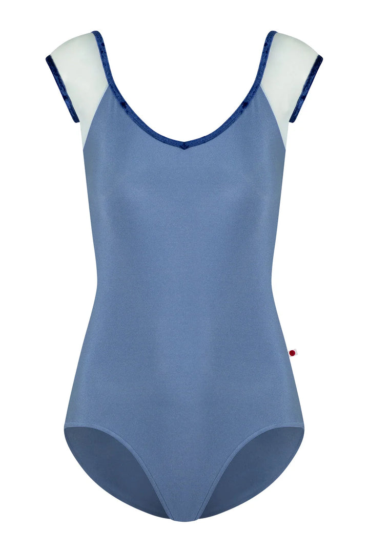 A blue one-piece swimsuit with contrasting dark blue trim and white shoulder panels, displayed on a white mannequin against a plain white background.