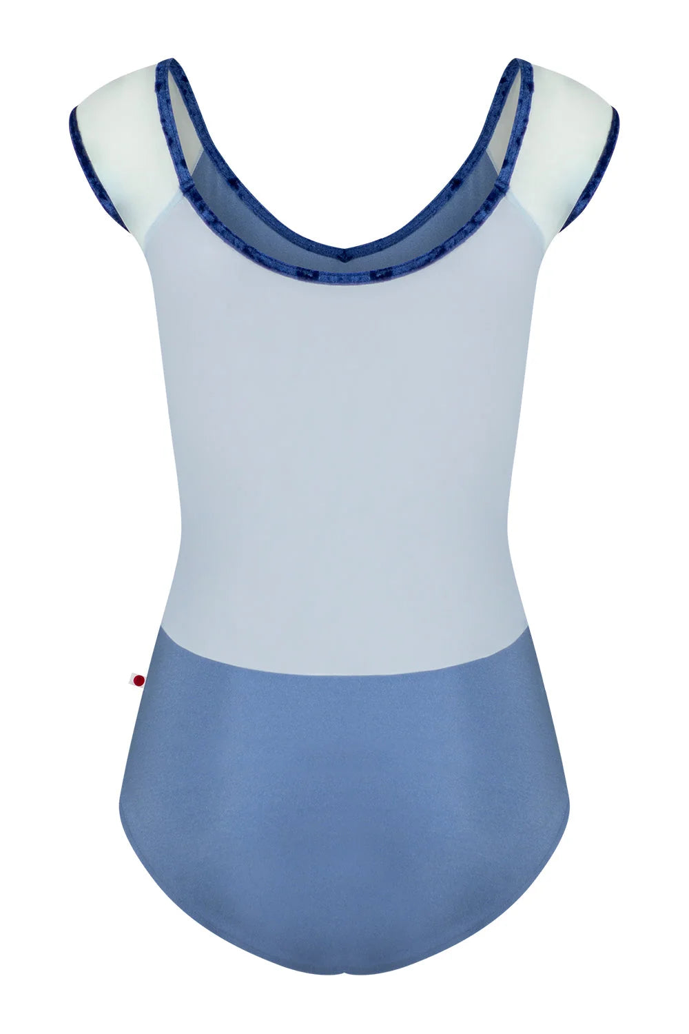 A colorblock leotard with a light blue upper body, a darker blue lower skirt, and white shoulder panels with blue trim, shown against a plain white background.