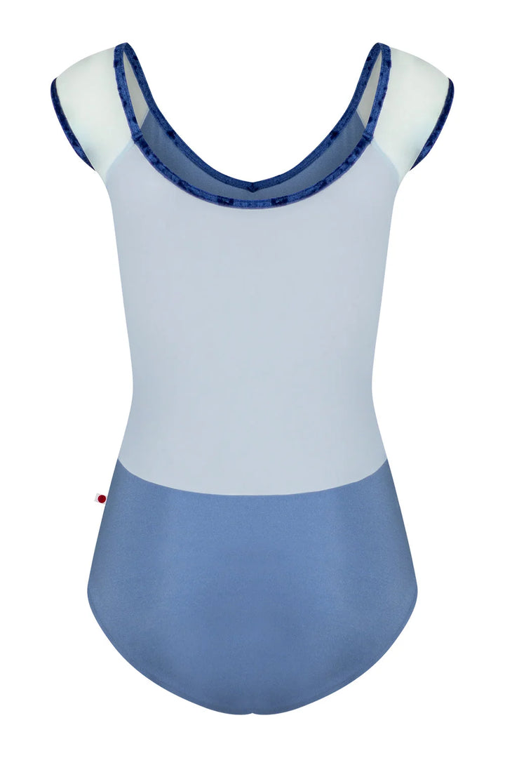 A colorblock leotard with a light blue upper body, a darker blue lower skirt, and white shoulder panels with blue trim, shown against a plain white background.