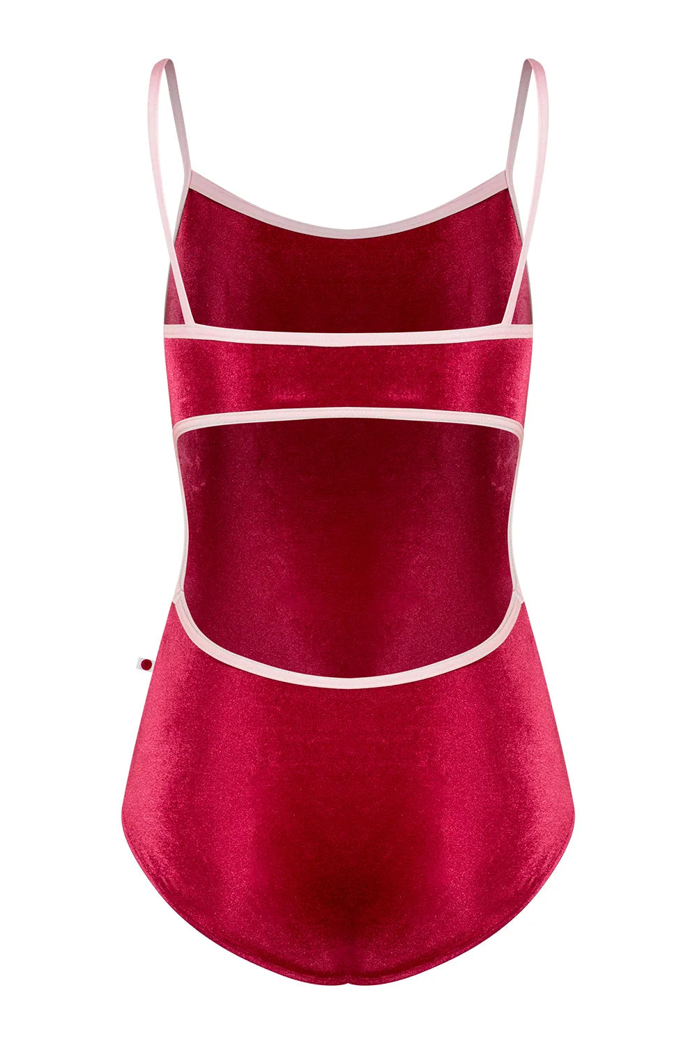 A deep red velvet one-piece swimsuit with thin white trim and double shoulder straps, shown against a plain white background.