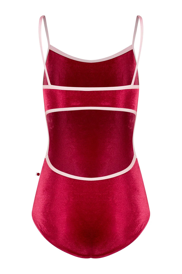 A deep red velvet one-piece swimsuit with thin white trim and double shoulder straps, shown against a plain white background.