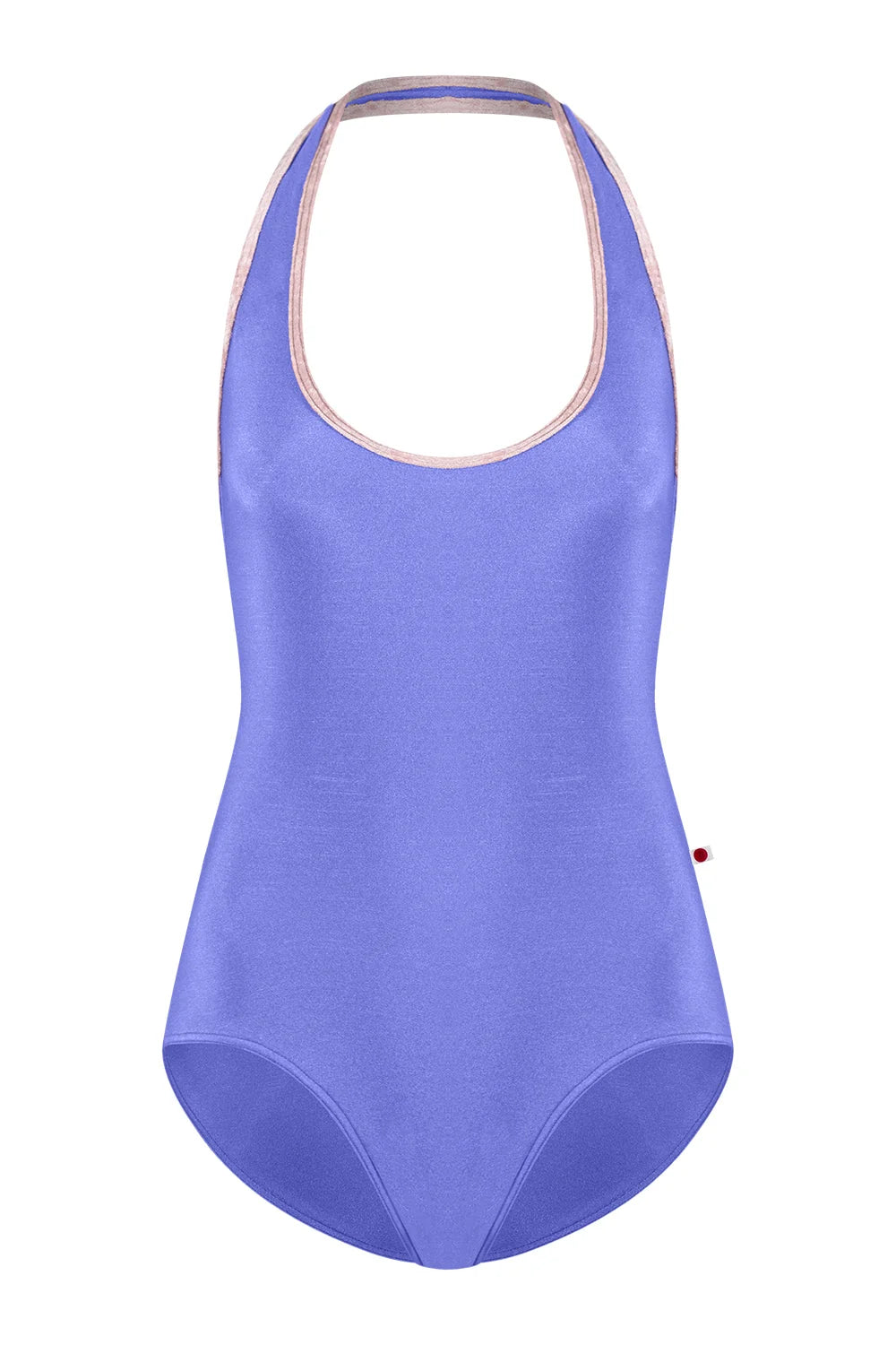 A sleeveless one-piece swimsuit in a periwinkle shade with a thin beige trim along the neckline and halter straps, shown against a plain white background.