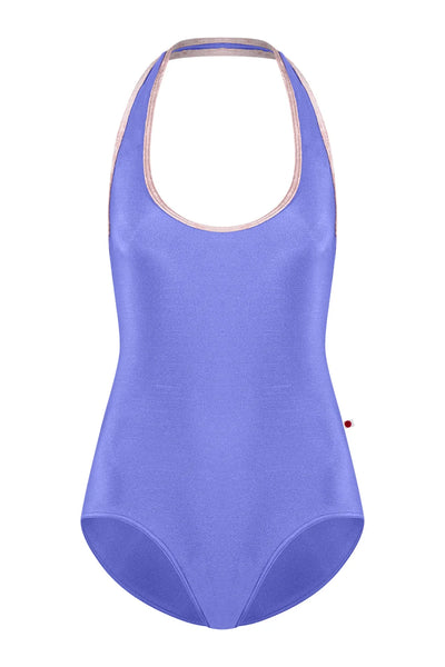 A sleeveless one-piece swimsuit in a periwinkle shade with a thin beige trim along the neckline and halter straps, shown against a plain white background.